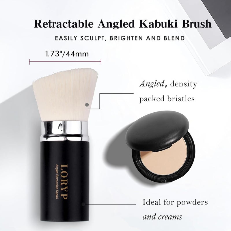 LORYP Retractable Makeup Brush Matte Black Kabuki Foundation Brush for liquid Cream and Powder Makeup 2 Pack Travel Makeup Brush Set - Image 2
